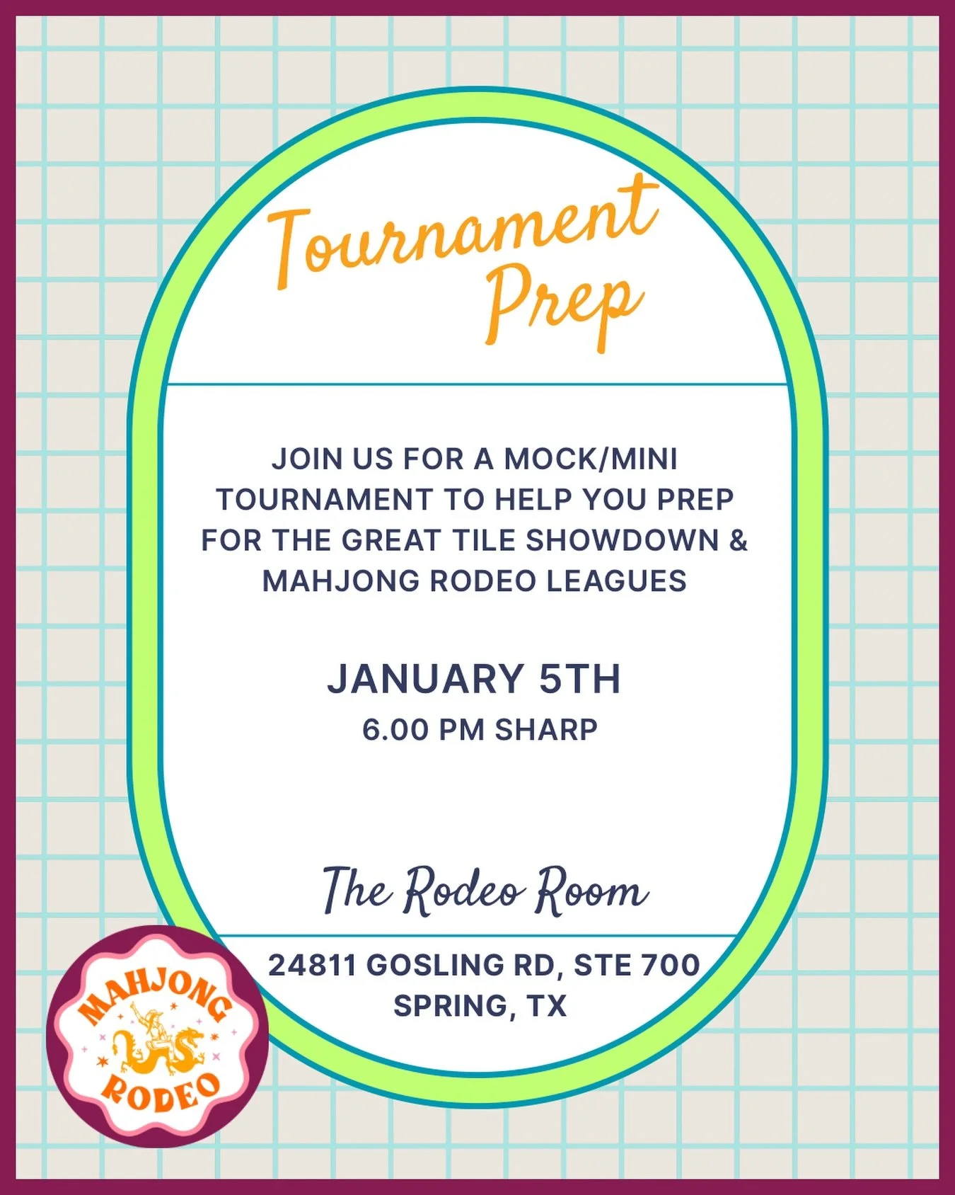 New event just posted on mahjongrodeo.com at The Rodeo Room!

We&rsquo;re going to review scoring, rules, do&rsquo;s &amp; dont&rsquo;s, and playing a mock tournament to prepare you for The Great Tile Showdown and our upcoming leagues! 

See y&rsquo;