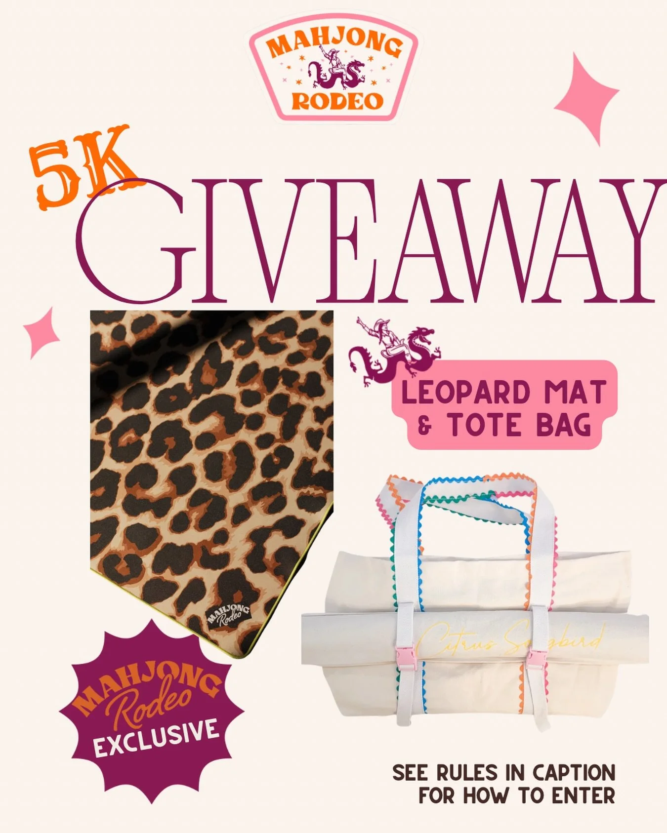 We now have FIVE THOUSAND friends apart of our crew here on Instagram and we thought it was time for a proper celebration. 

TWO lucky winners will each receive 2 Mahjong Rodeo exclusives:
🔥 1 jumbo leopard mahjong mat
🤠 1 best-selling tote bag

To