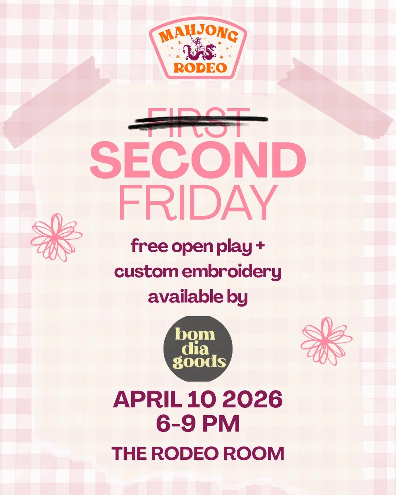 First Friday got a little detour this month, so we are doing SECOND Friday instead 🤠 Come play for free and get custom embroidery by @bomdiagoods on your mats, bags, clutches, etc. while you&rsquo;re playing! Spots fill up fast so grab yours now at 