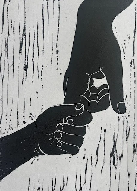 Little Hand Holds I, linoleum block print, 5 x 7
