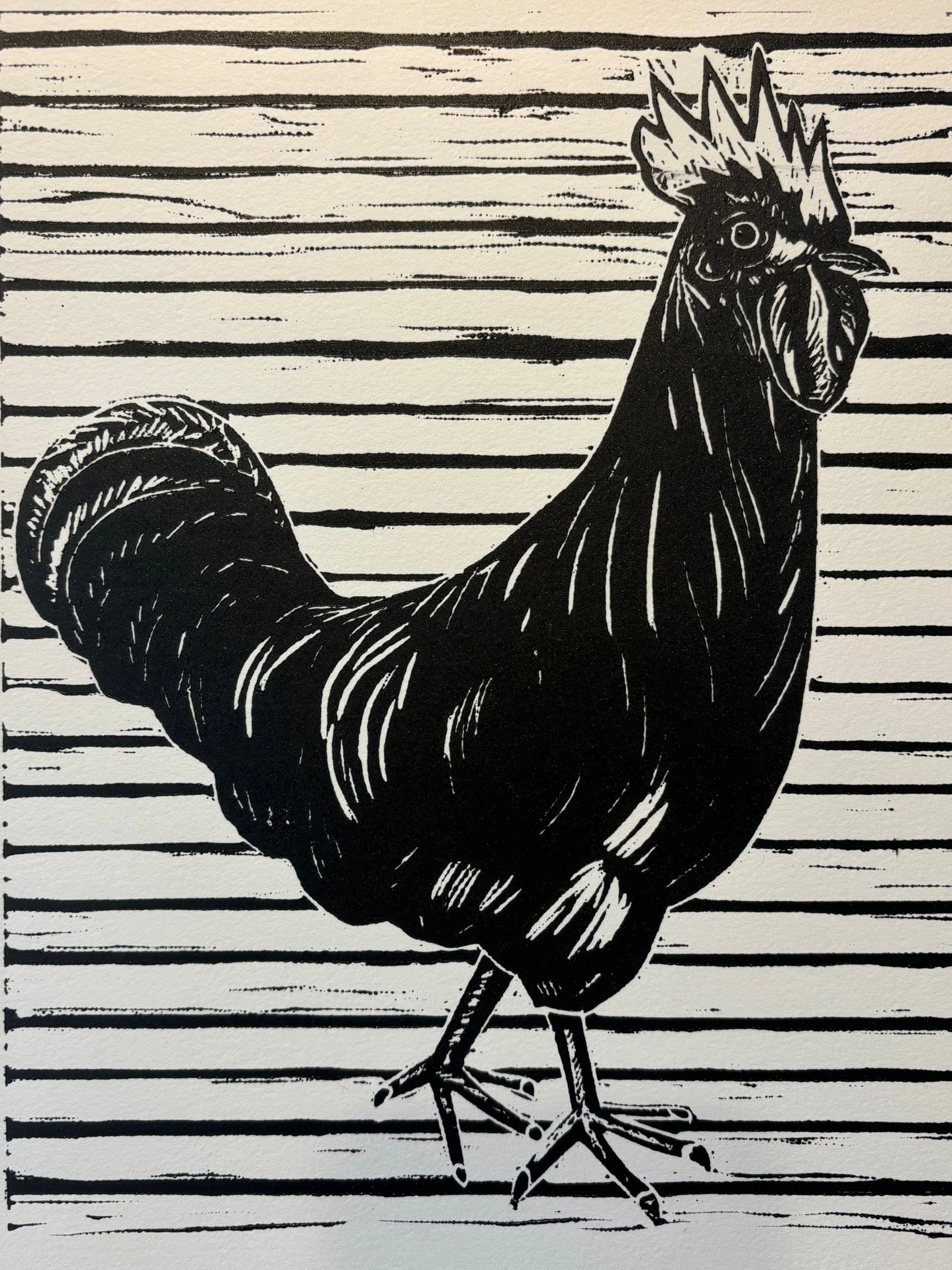 Hei Hei, linoleum block print, 8 x 10
