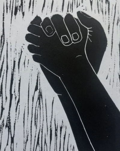 Little Hand Holds II, linoleum block print, 5 x 7