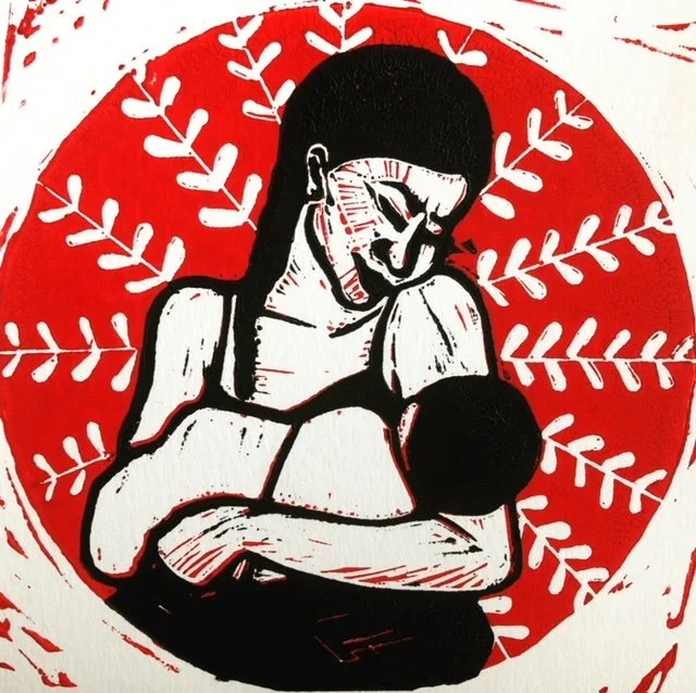 Mother & Child, linoleum block print, 5 x 5