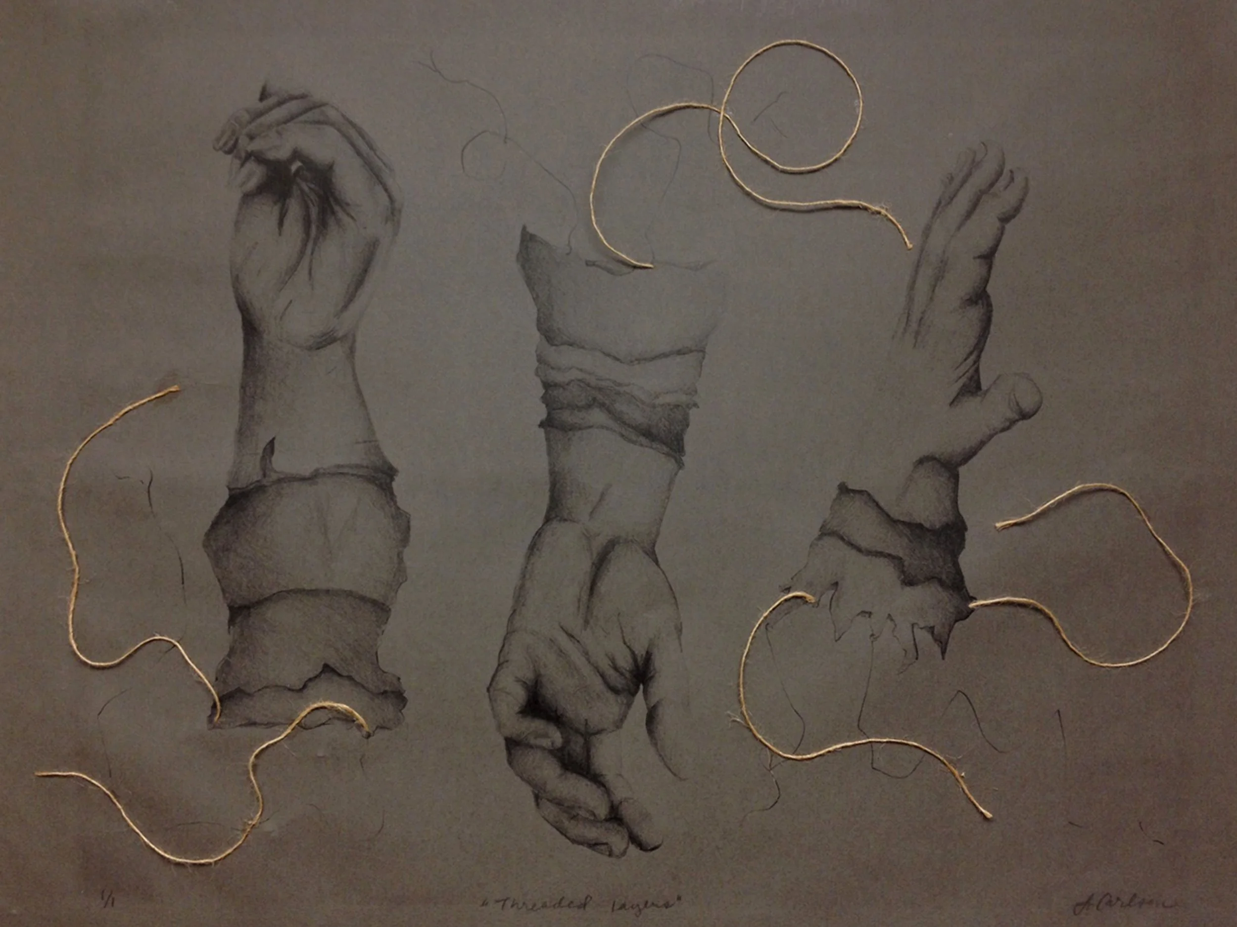 Threaded Layers, lithograph and twine, 19 x 26