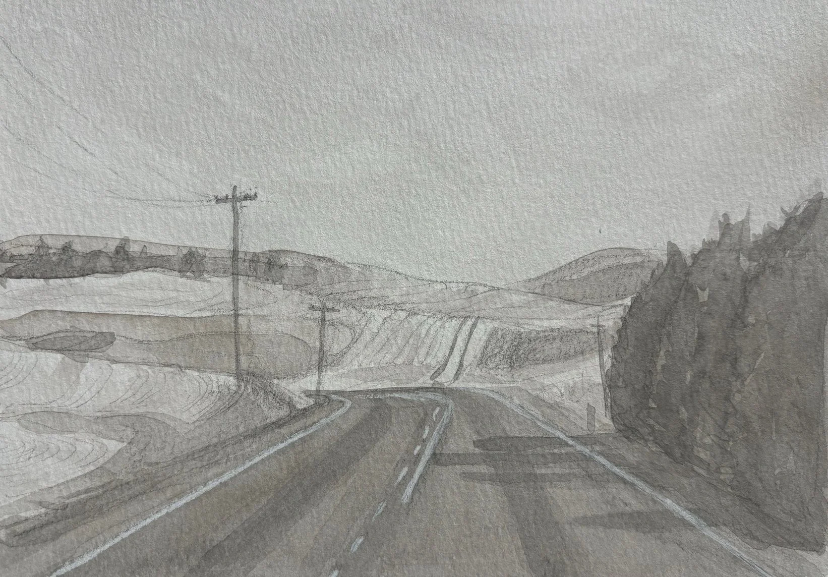 The Road to St. John, graphite, ink, and gouache on paper, 5 x 7