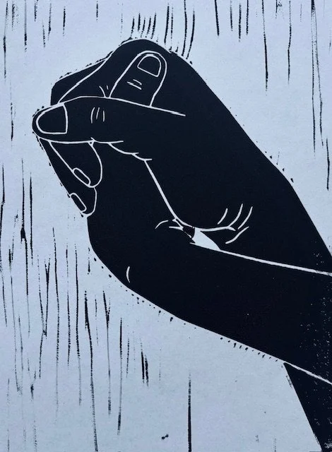 Little Hand Holds III, linoleum block print, 5 x 7
