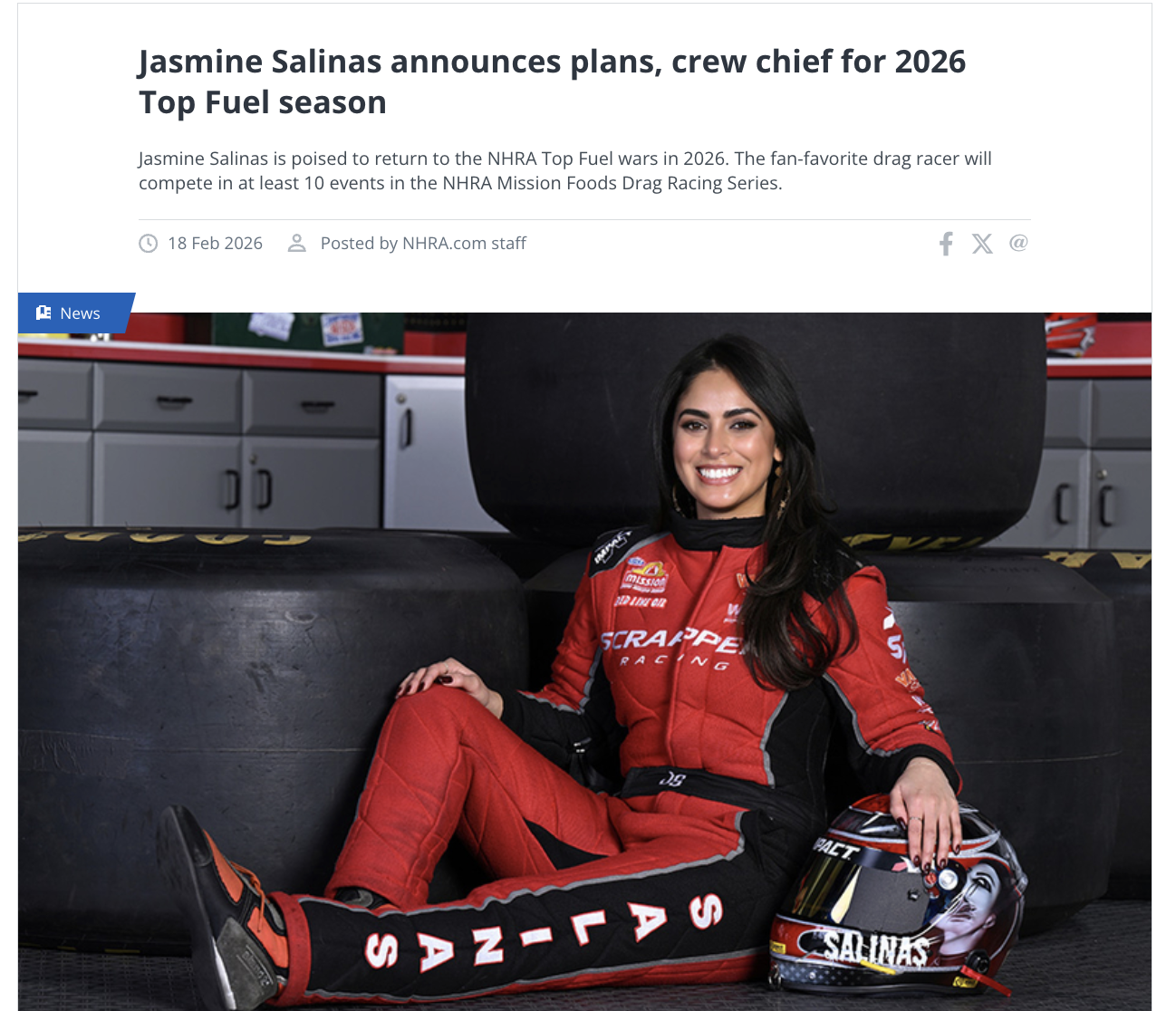 Jasmine Salinas announces plans, crew chief for 2026 Top Fuel season