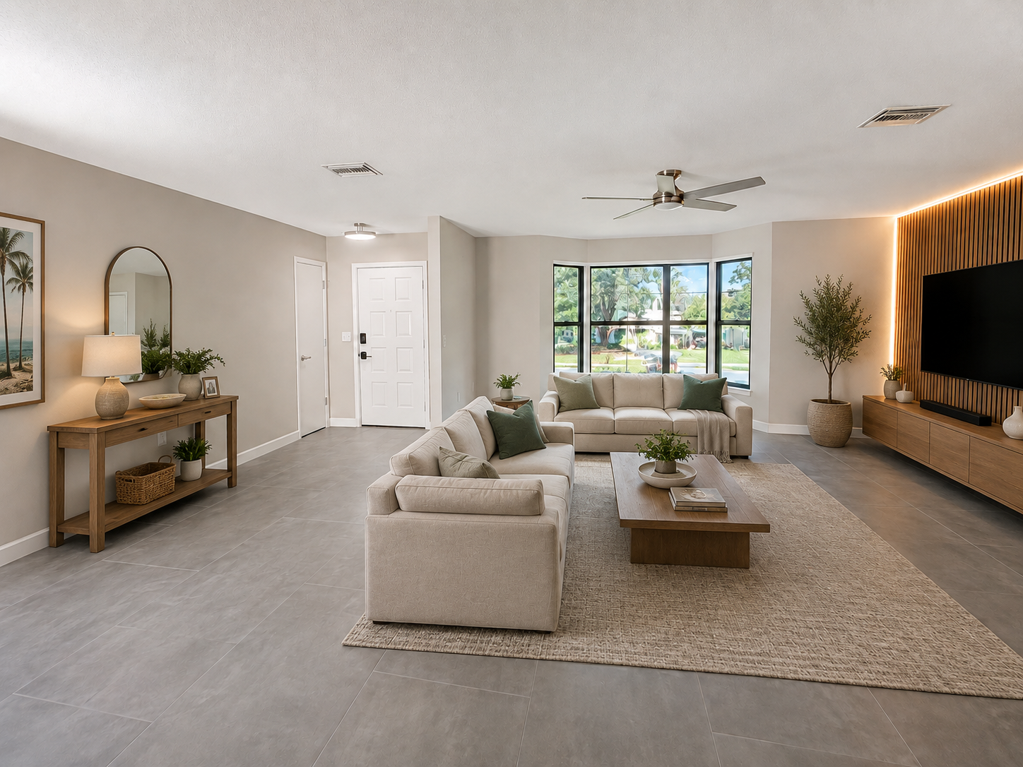 Living room shown furnished for marketing purposes only; home is rented unfurnished.