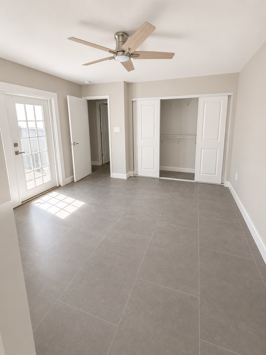 Master bedroom with French doors opening up to the courtyard. 

*AI Edited Image for visual purposes only