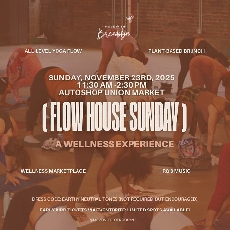 A new name. A new vibe. The same intention: movement, music, and mindful community.

This isn&rsquo;t just another yoga class- it&rsquo;s a full-body, full-soul reset before the holidays. ✨

🗓️ Sunday, November 23rd
📍 Autoshop Union Market
🎟️ Earl