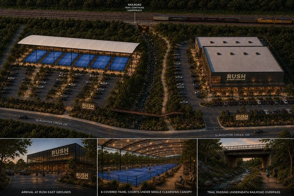 Rush Social has officially expanded to 14 acres:

By securing approximately 6 additional acres adjacent to the original campus making, we&rsquo;re creating room to expand the Rush vision with:

🌳&nbsp;Indoor pickleball courts
🌳&nbsp;Covered padel
?