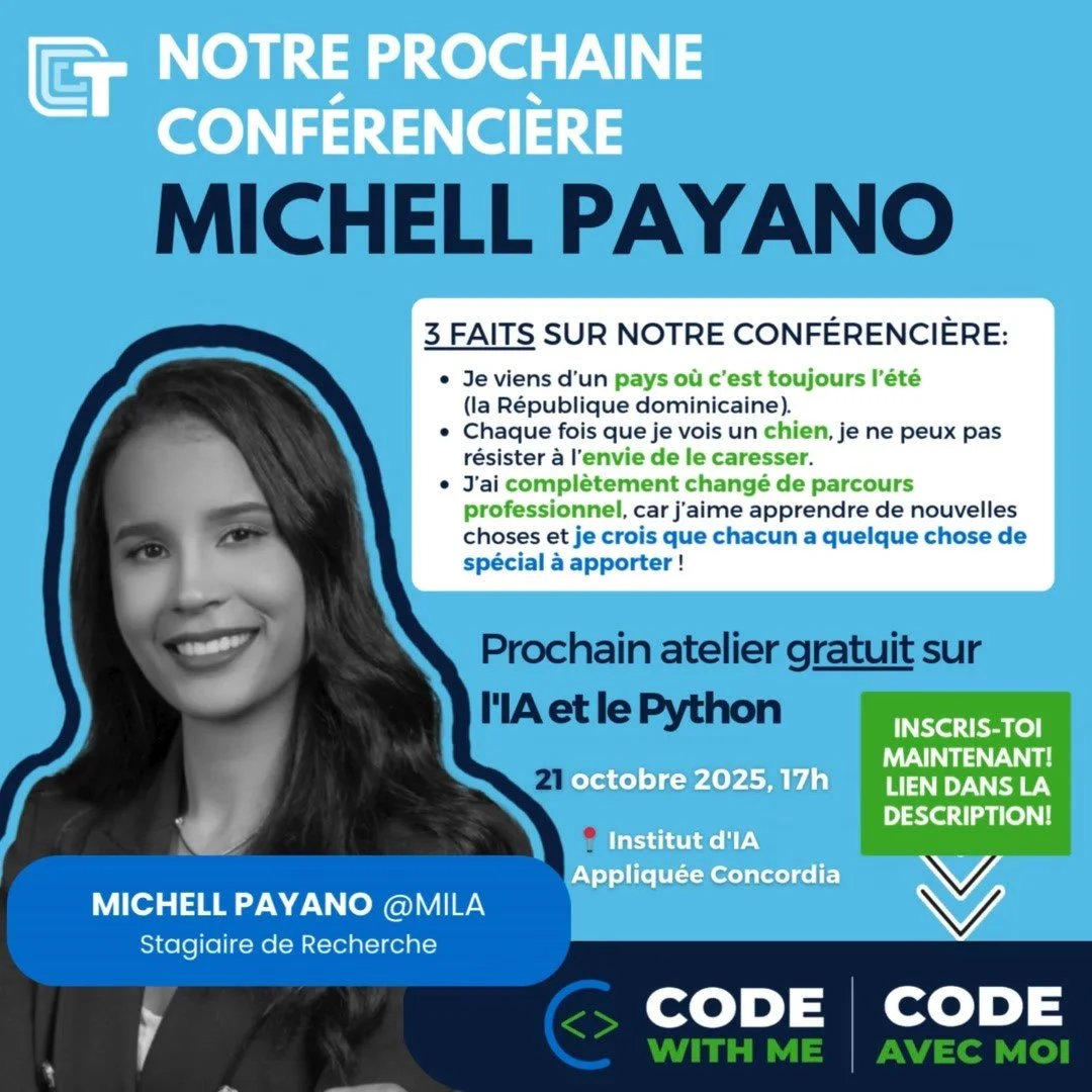 🌟 Participez &agrave; un atelier captivant sur les bases du codage et de l&rsquo;IA🌟

Code avec Moi &ndash; IA, une initiative de Technovation Montr&eacute;al, vous invite &agrave; un atelier interactif pour d&eacute;couvrir les fondamentaux de la 
