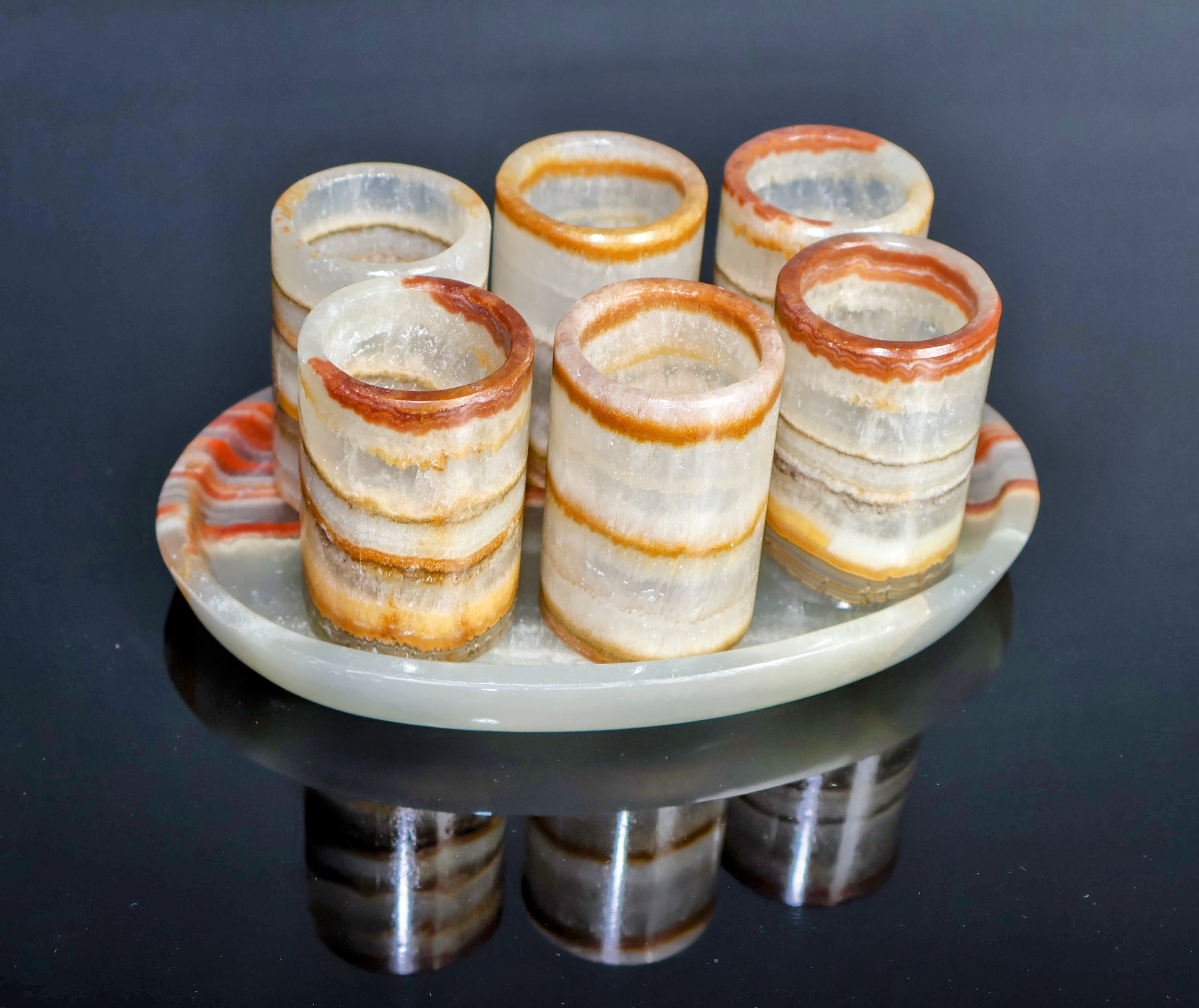 Natural Stone Onyx Shot Glass Set (6 Cups & Tray) - Unique Bar Cart Decor - Housewarming Gift