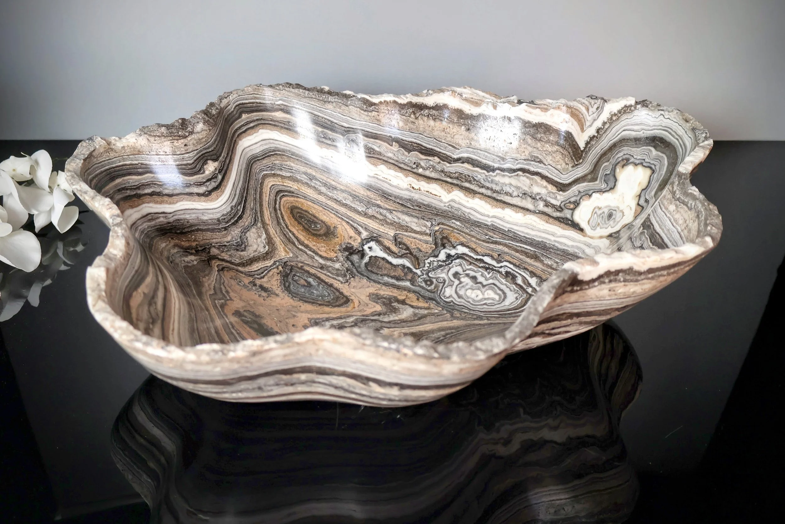 closeup of large onyx bowl with colorful layers