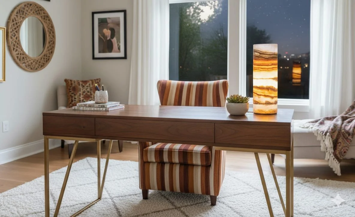 A cylindrical lamp made of banded black and cream onyx stone glowing with warm light on a wooden table