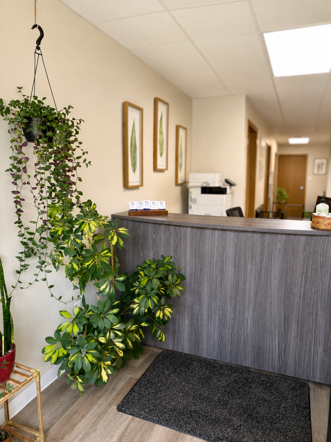 Interior reception area with a wooden desk, indoor plants, framed botanical art on a beige wall, a black doormat on wooden floor, and an office printer in the background.