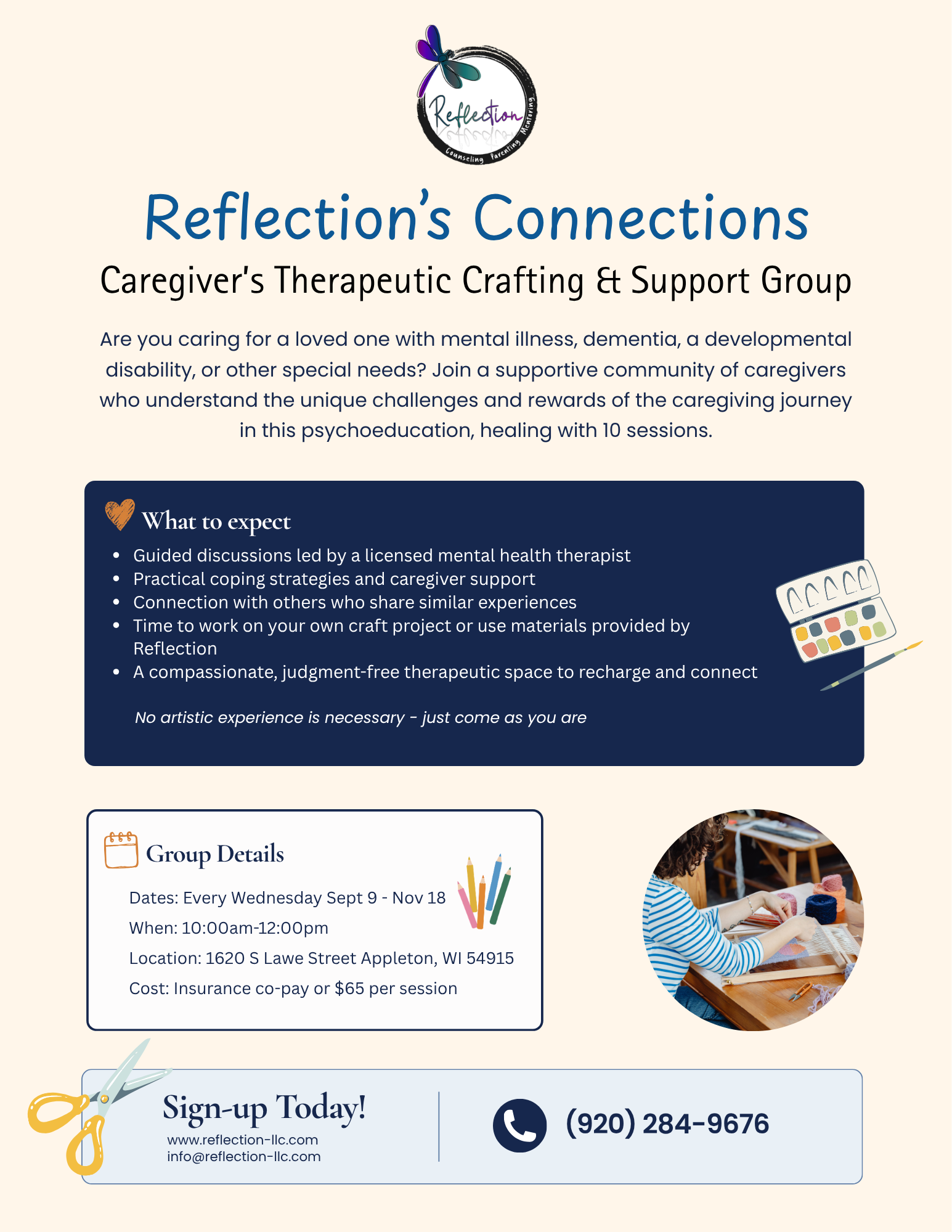 A flyer advertising a caregiver's therapeutic crafting and support group called Reflection. It includes details about the group session, dates, time, location, and cost, along with a picture of a woman knitting. The flyer emphasizes that no artistic experience is necessary and encourages joining as a way to connect, cope, and heal.