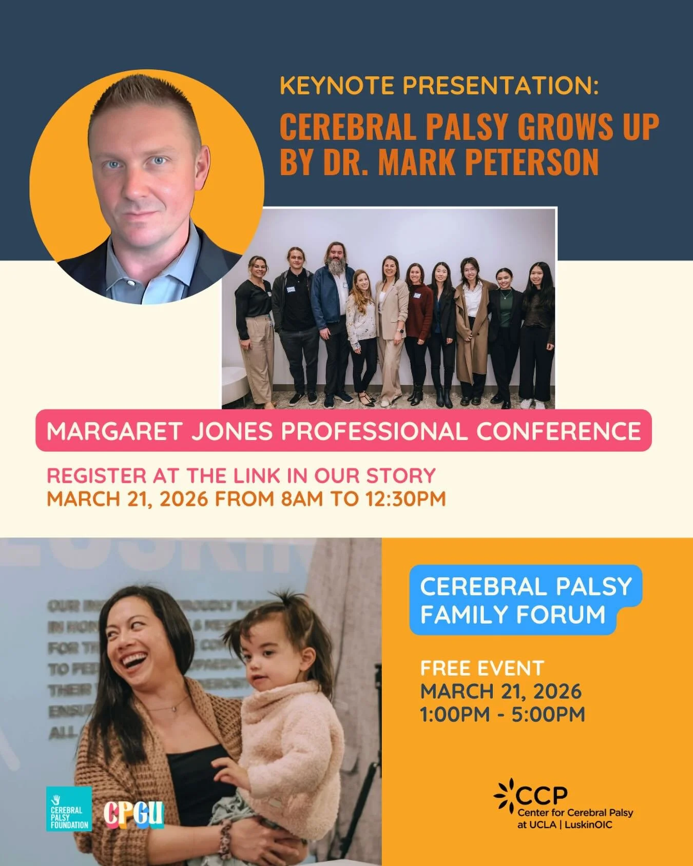 UCLA&rsquo;s Center for Cerebral Palsy at LuskinOIC is hosting &ldquo;a unique forum bringing together leading experts, individuals with CP, caregivers, and allied health professionals&rdquo; later this month!

Keynote speaker Mark Peterson from the 