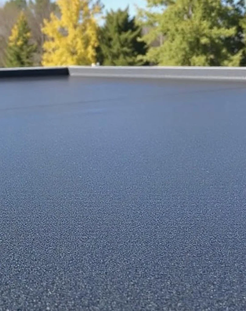 Flat dark gray rooftop with autumn trees in the background