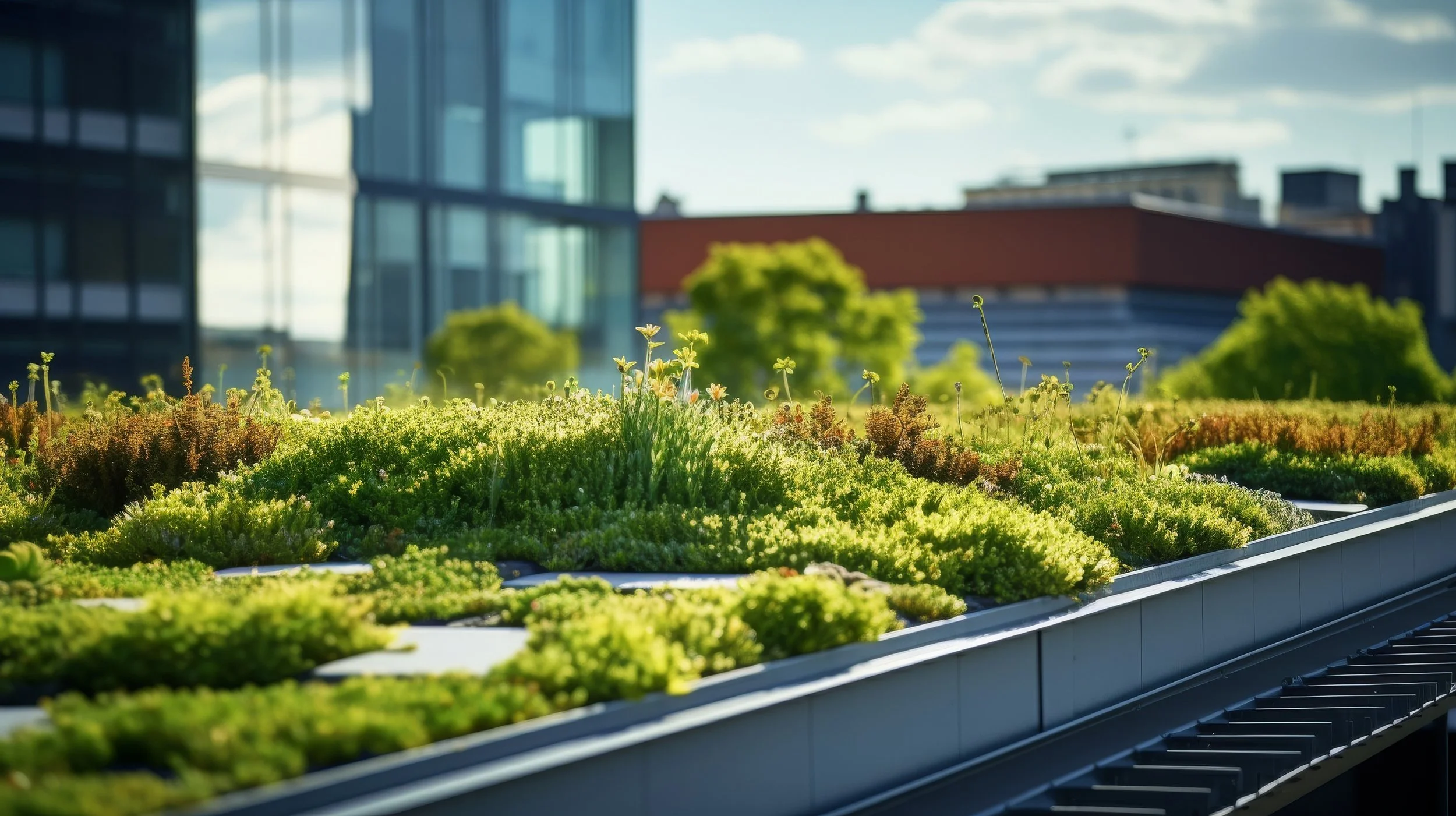 Lush green rooftop garden with wildflowers and sedum plants overlooking modern city buildings