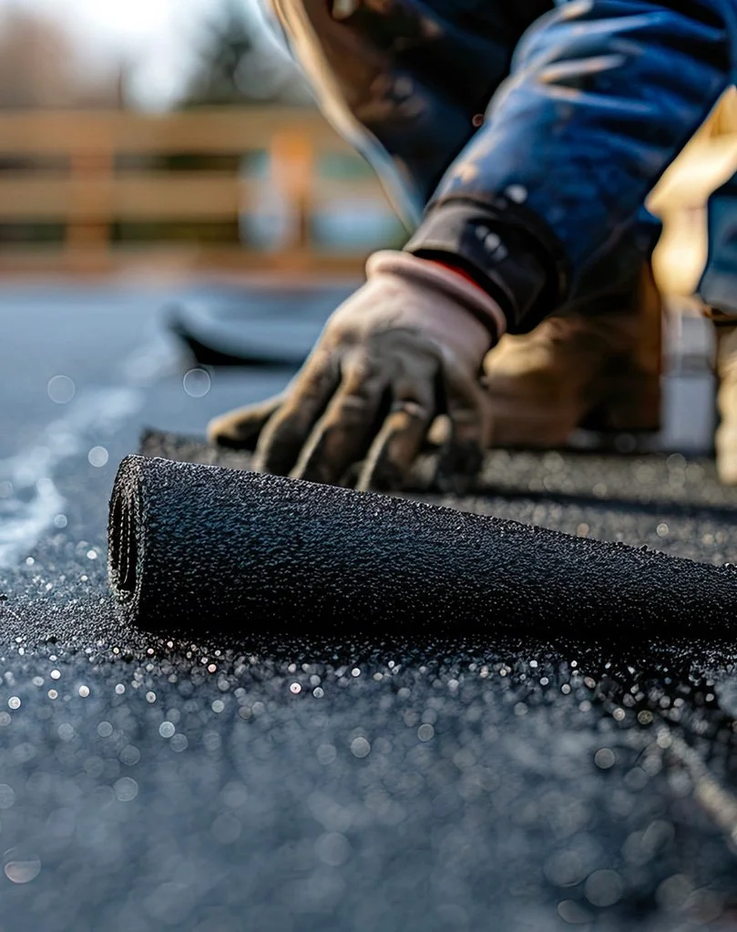 Worker wearing protective gloves installs a rolled roofing membrane on a rooftop.