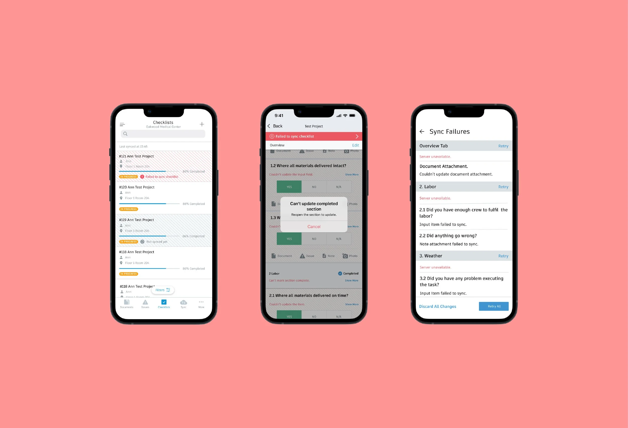 Three smartphone screens displaying maintenance or project management apps with checklists, sync error messages, and update prompts, on a pink background.