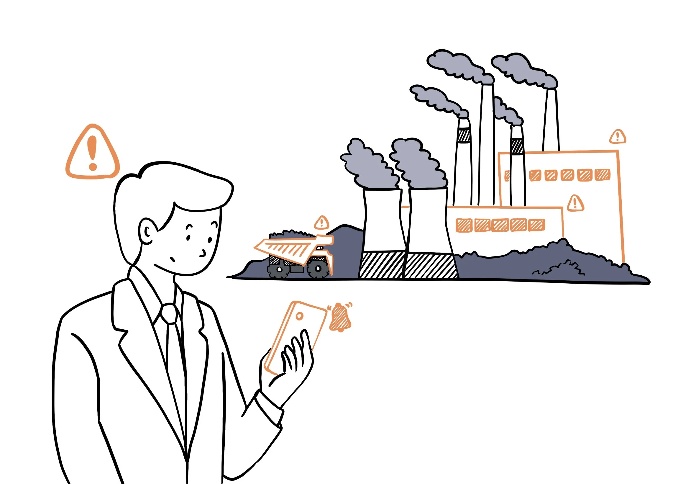 Illustration of a person in a suit looking at a smartphone, with a factory emitting pollution in the background and warning icons indicating environmental concerns.