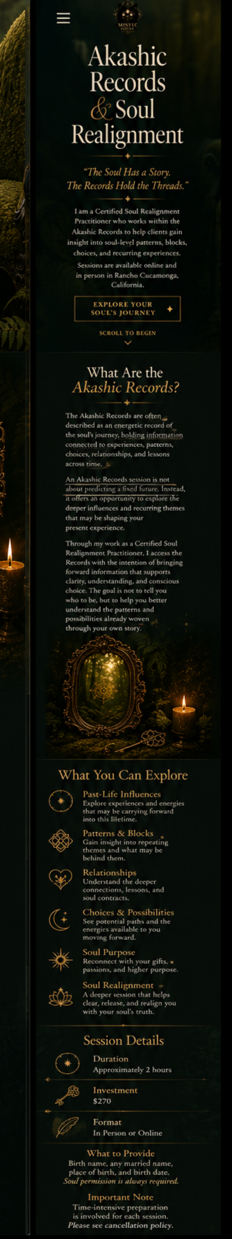 A vertical informational webpage about Akashic Records and Soul Realignment, featuring sections on exploring past-life influences, patterns, relationships, soul purpose, and session details, with a dark background and gold accents.