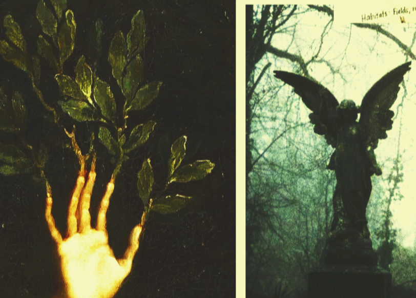 A collage of two images: the left shows a hand-colored drawing of a hand with green leaves growing from the fingers, resembling a tree, against a black background. The right features a statue of a winged figure in a wooded area, with trees and a cloudy sky in the background.