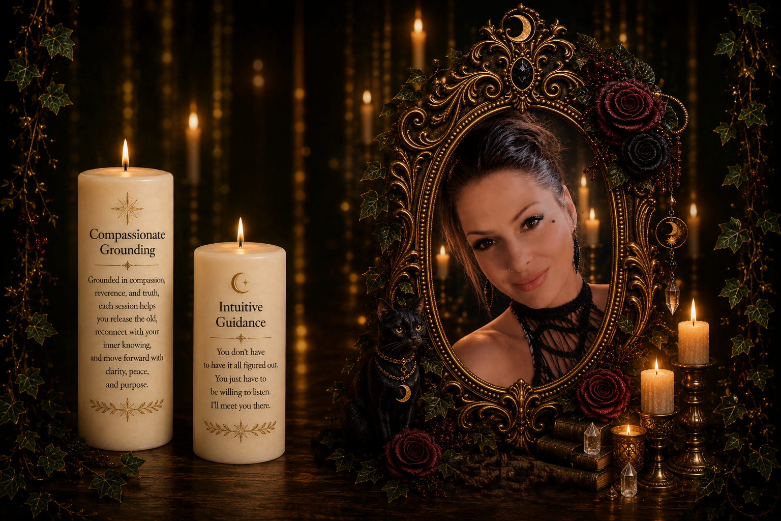 Psychic medium surrounded by candles, crystals and a black cat in a mystical mirror setting, Mistic Gypsy