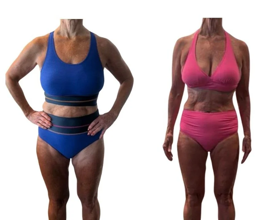 Side-by-side comparison of two mature women in bikinis, demonstrating weight loss progress; woman on left in blue, woman on right in pink.