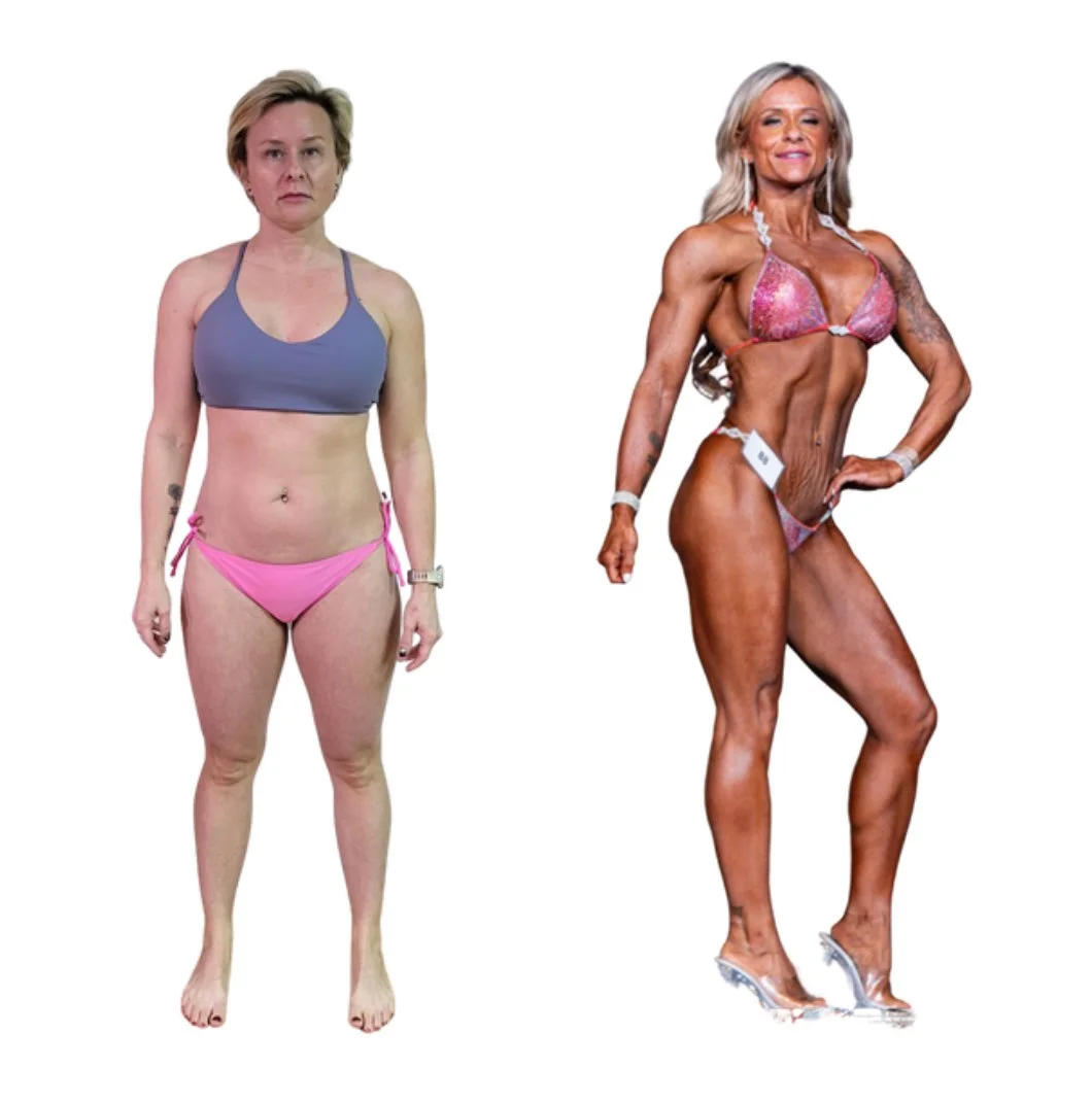 Comparison of two women, one with a less muscular physique wearing a sports bra and pink shorts, the other with a highly muscular physique in a bikini on a stage.
