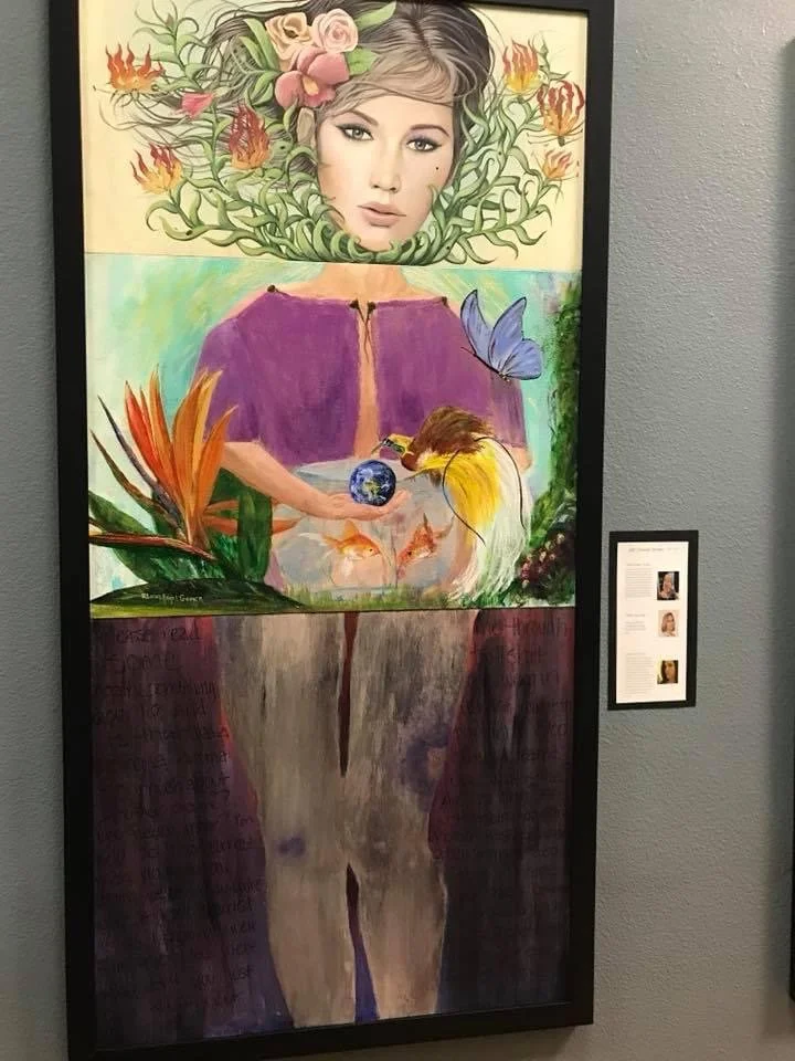 From Exquisite Corpse Games, top: Jenipher Chandley, middle: Elaine Angel Gomer, bottom: Lynnette Grimm, acrylic on canvas, 2017