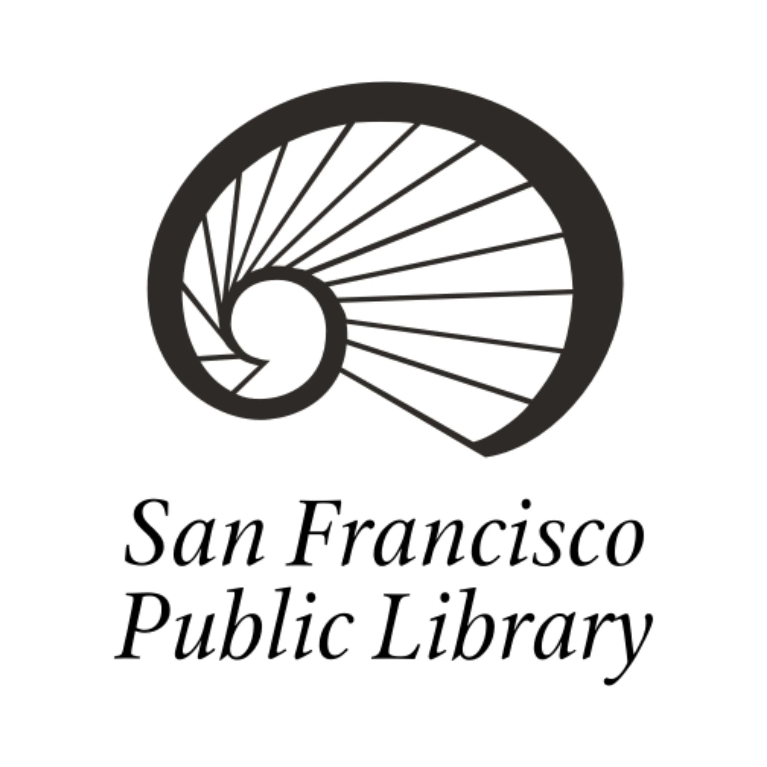 Black and white logo of a spiral staircase above the text 'San Francisco Public Library' in italicized font.