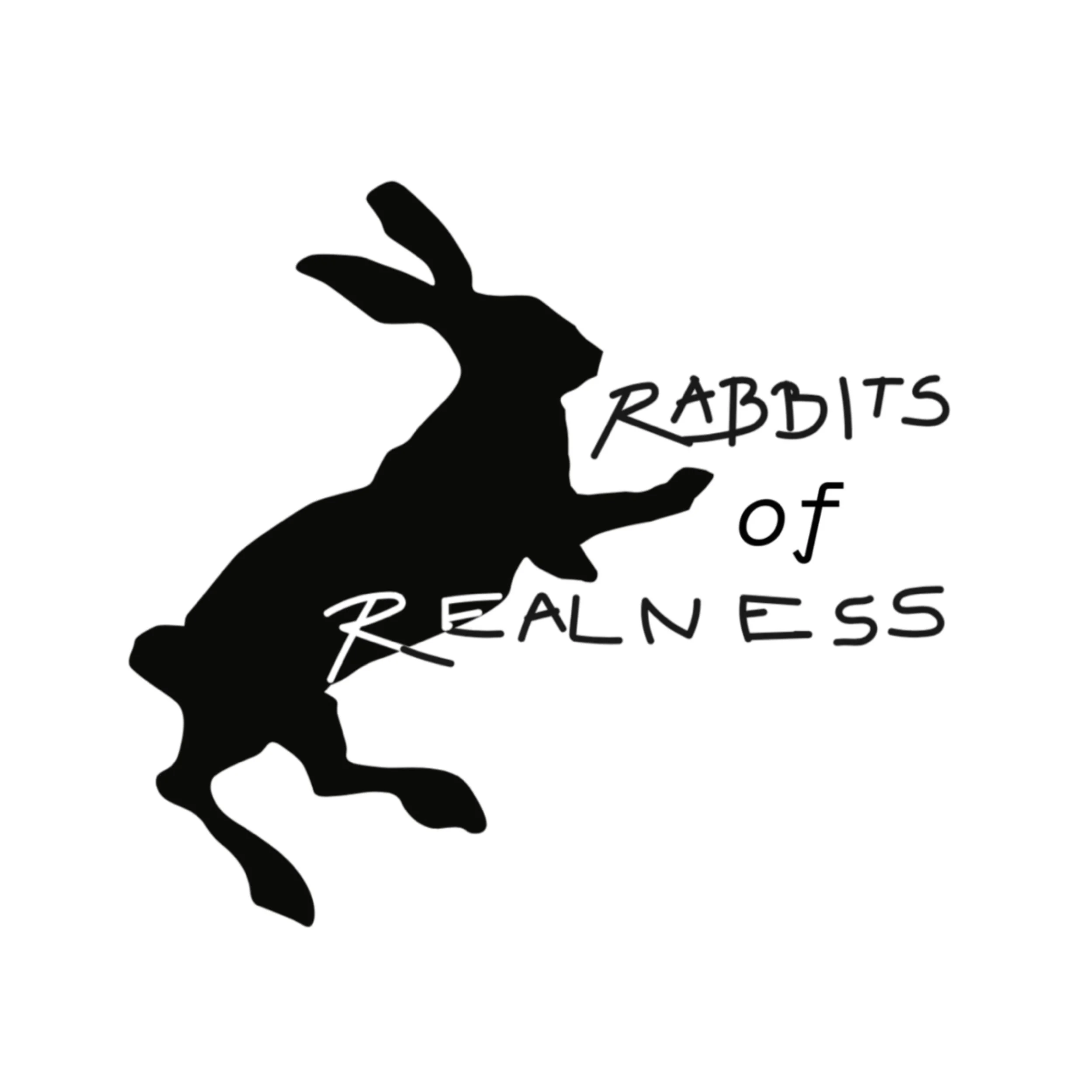 Black silhouette of two jumping rabbits with the phrase 'Rabbits of Realness' in stylized text.