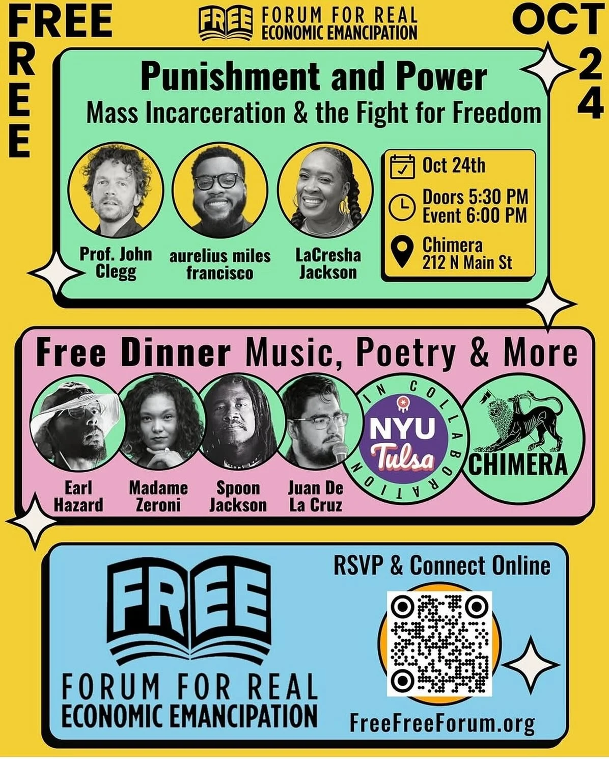 Join us at this @freefreeforum event tonight! We’ll have lots of artwork on display and for sale, and our friend and collaborator @spoonjackson will be giving a poetry reading! 
6pm at @chimeratulsa, free! 
#tulsaevents #prisonabolition