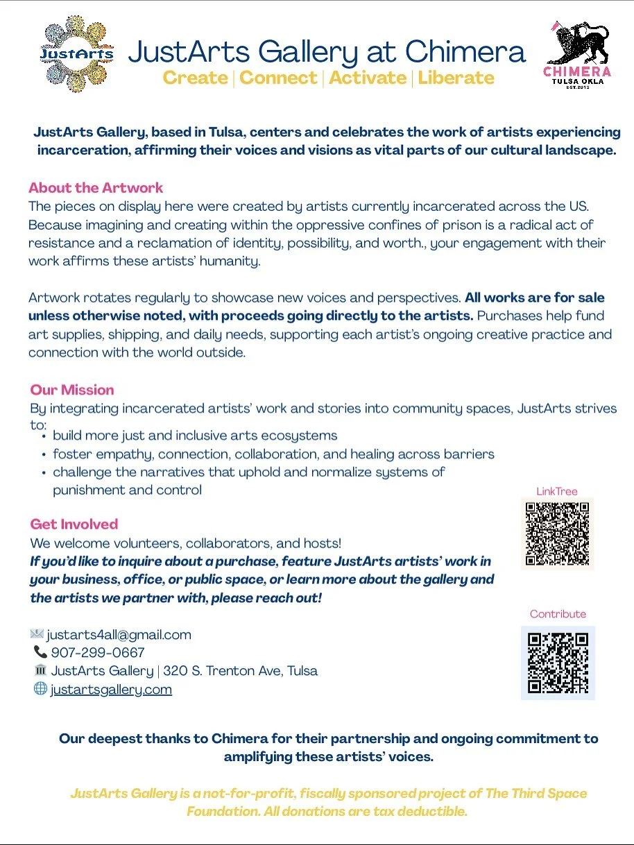 We&rsquo;re so stoked that @chimeratulsa is letting us take over their walls for a while. We want to provide as many avenues as possible for artists in prison to share their work with our Tulsa community &mdash; and for community members to connect w