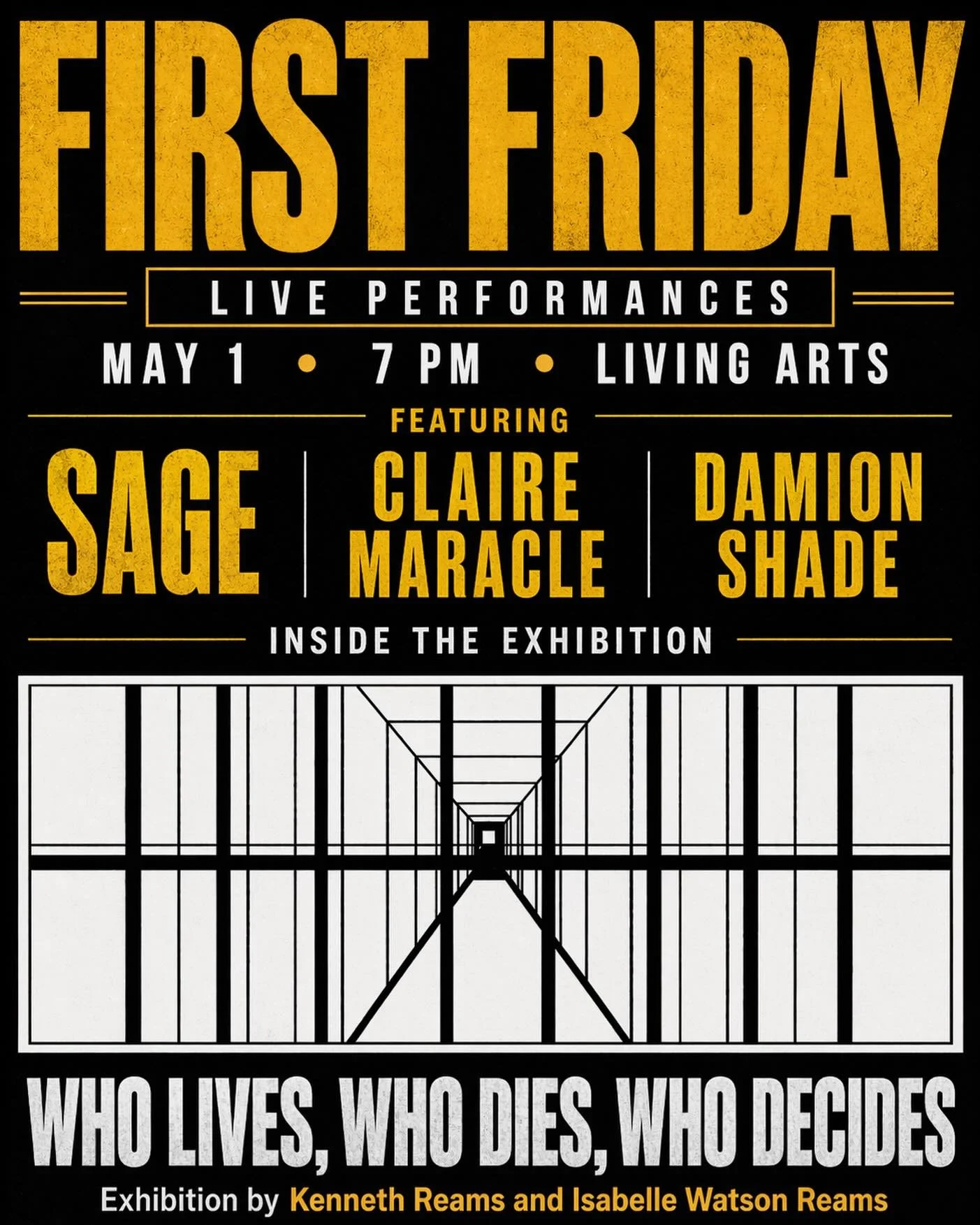 Join us for live poetry + music inside the gallery this First Friday
May 1st, 7 PM @LivingArts_Tulsa! 

Featuring
Sage @withlove_sage
Claire Maracle @clairitysee 
Damion Shade @DamionShadeMusic 

Presented within the exhibition
&ldquo;Who Lives, Who 