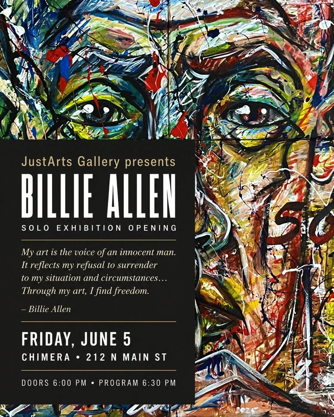 Join @justarts_gallery, @okcadp, and @acluok at @chimeratulsa on First Friday for the launch of a deeply moving exhibition of recent works by @billieallenart. 

About the artist:

&ldquo;My art is the voice of an innocent man. It reflects my refusal 