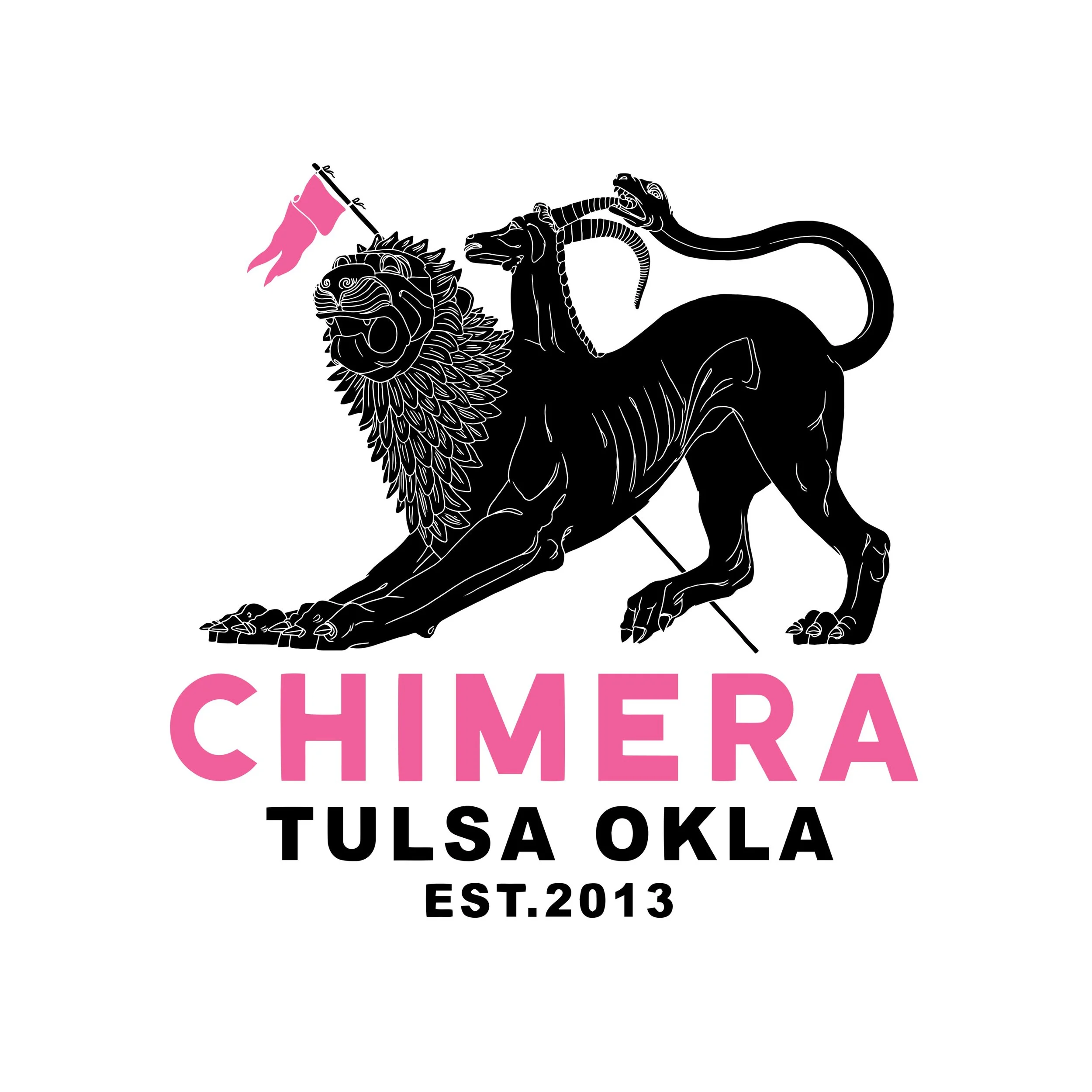 Black and white graphic of a lion and a tiger combined, with the tiger's head connecting to a pink flag, and the word 'CHIMERA' in large pink letters below, followed by 'Tulsa Oklahoma' and 'Est. 2013' in black text.