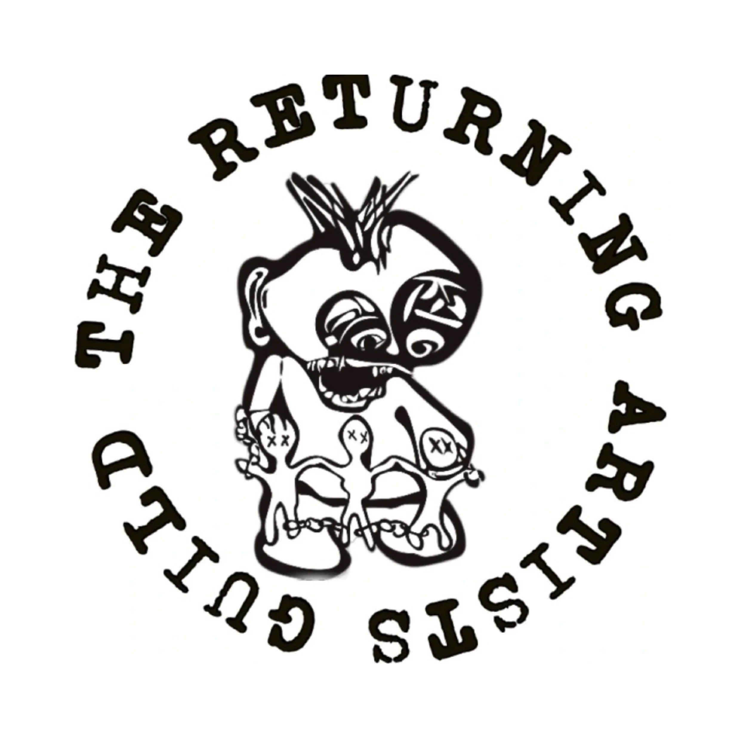 Illustration of a punk cartoon character with a mohawk hairstyle, wearing goggles, chained shoes, and holding a chain, surrounded by the text "The Returning Arsenal Guts" in a circular pattern.