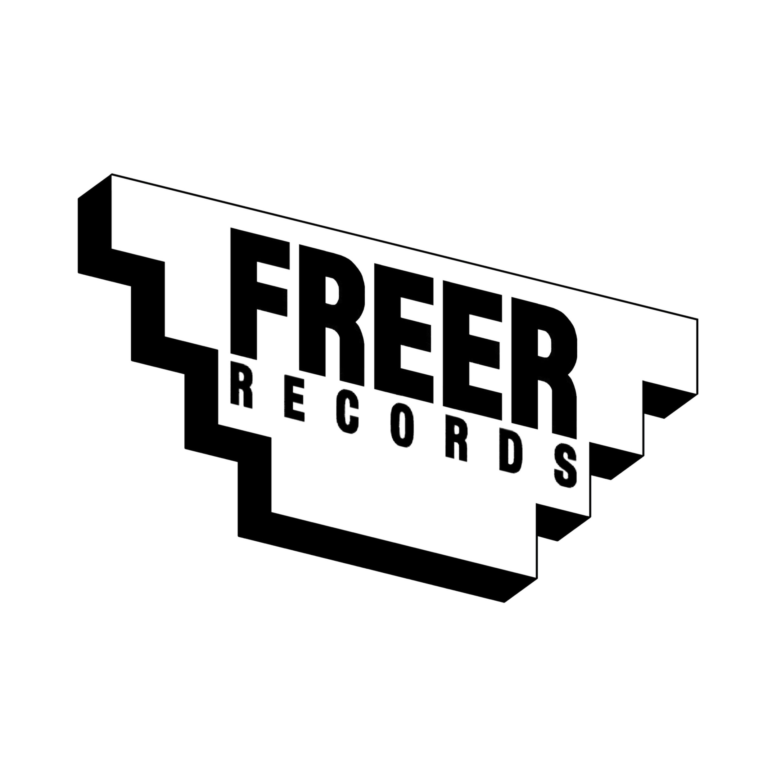 3D black and white logo for Freer Records with layered, blocky text.