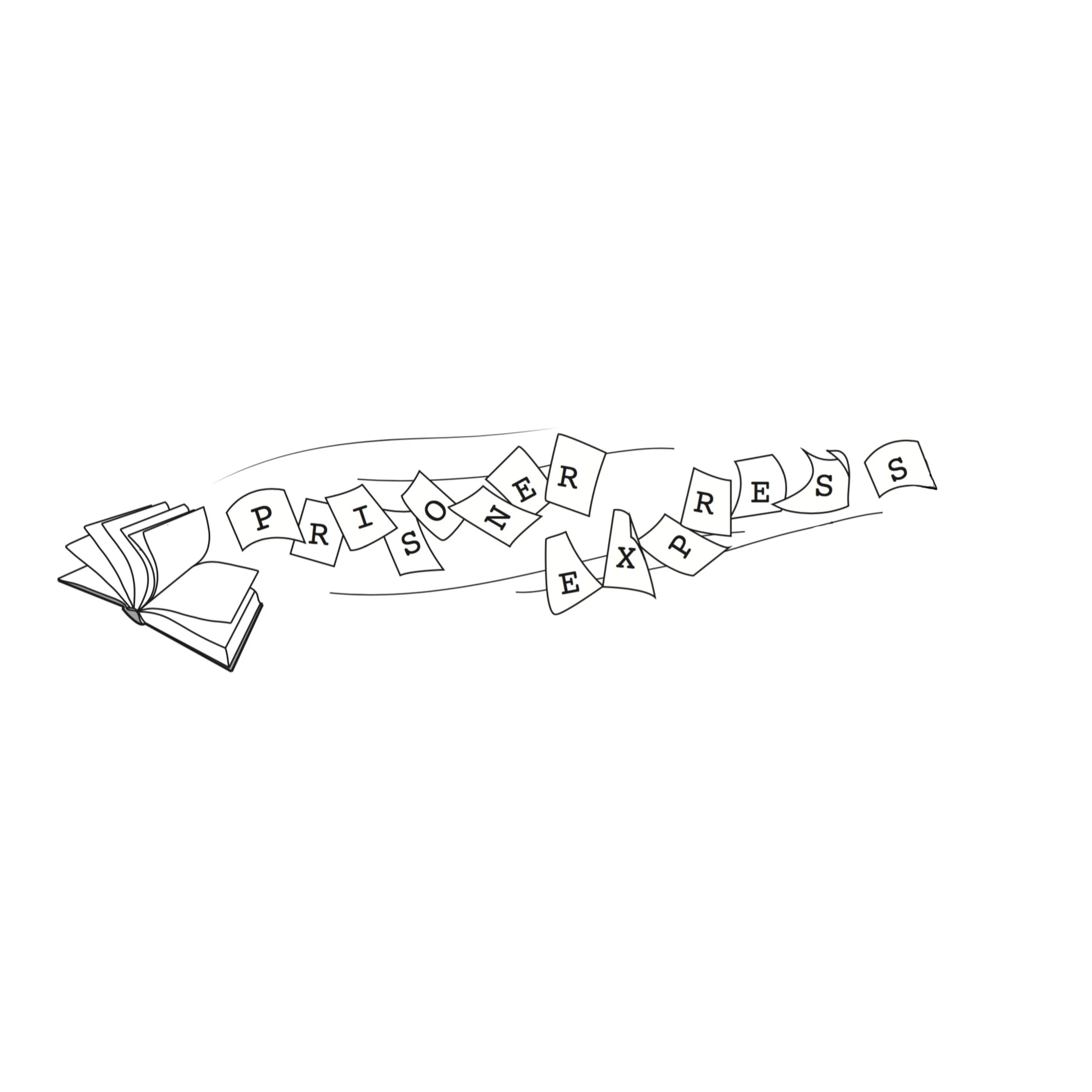 Open book on the left with the words 'Prisoners' and 'Express' spelled out in individual letter cards flowing between.