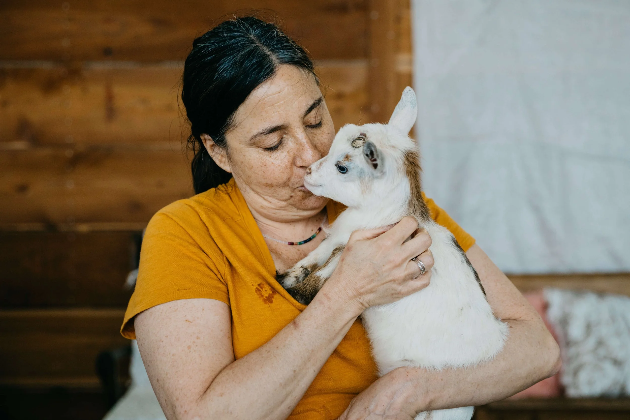 goat petting for adults photo of a woman kissing the goat