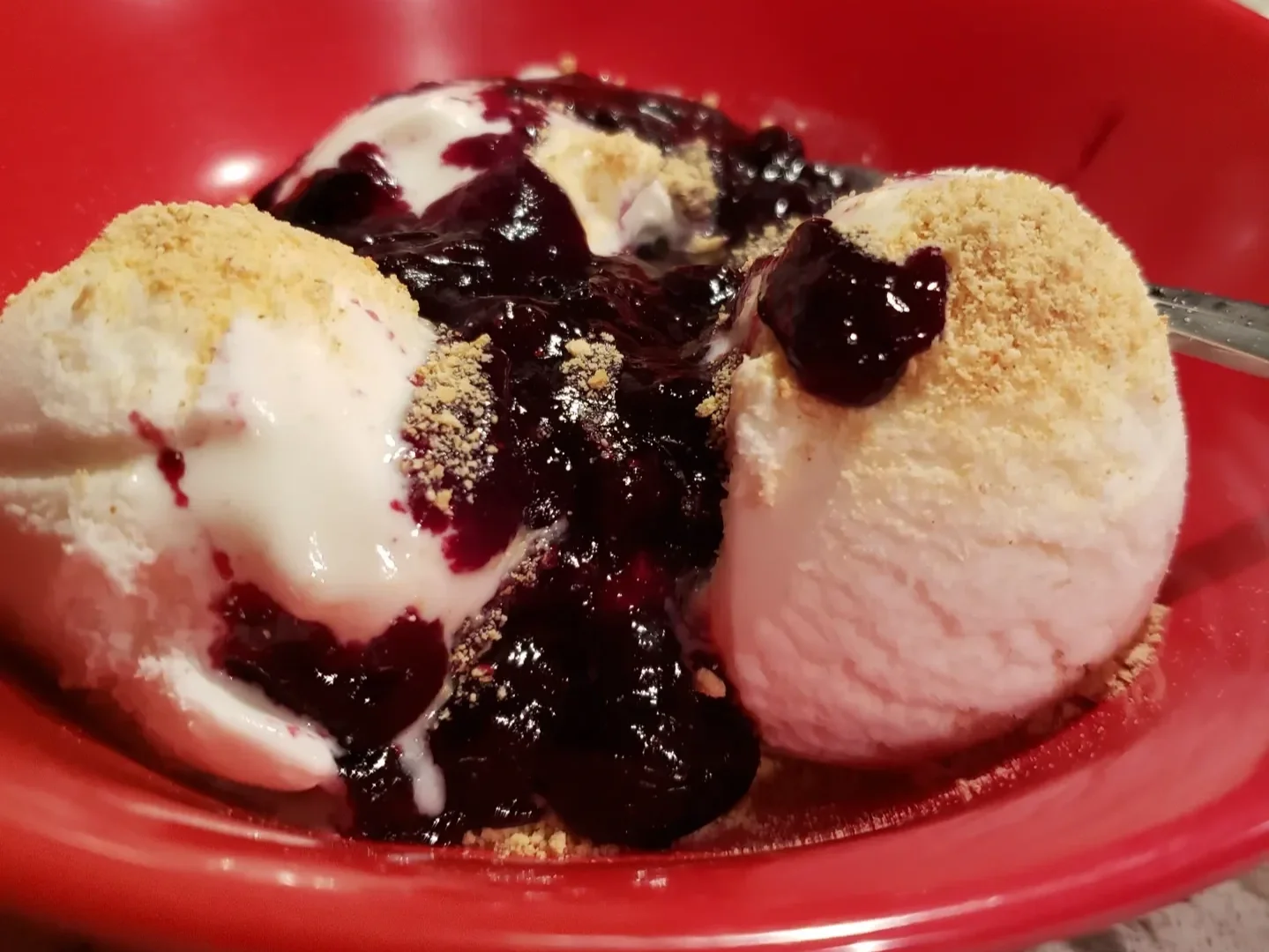 Michigan blueberry sauce over vanilla ice cream