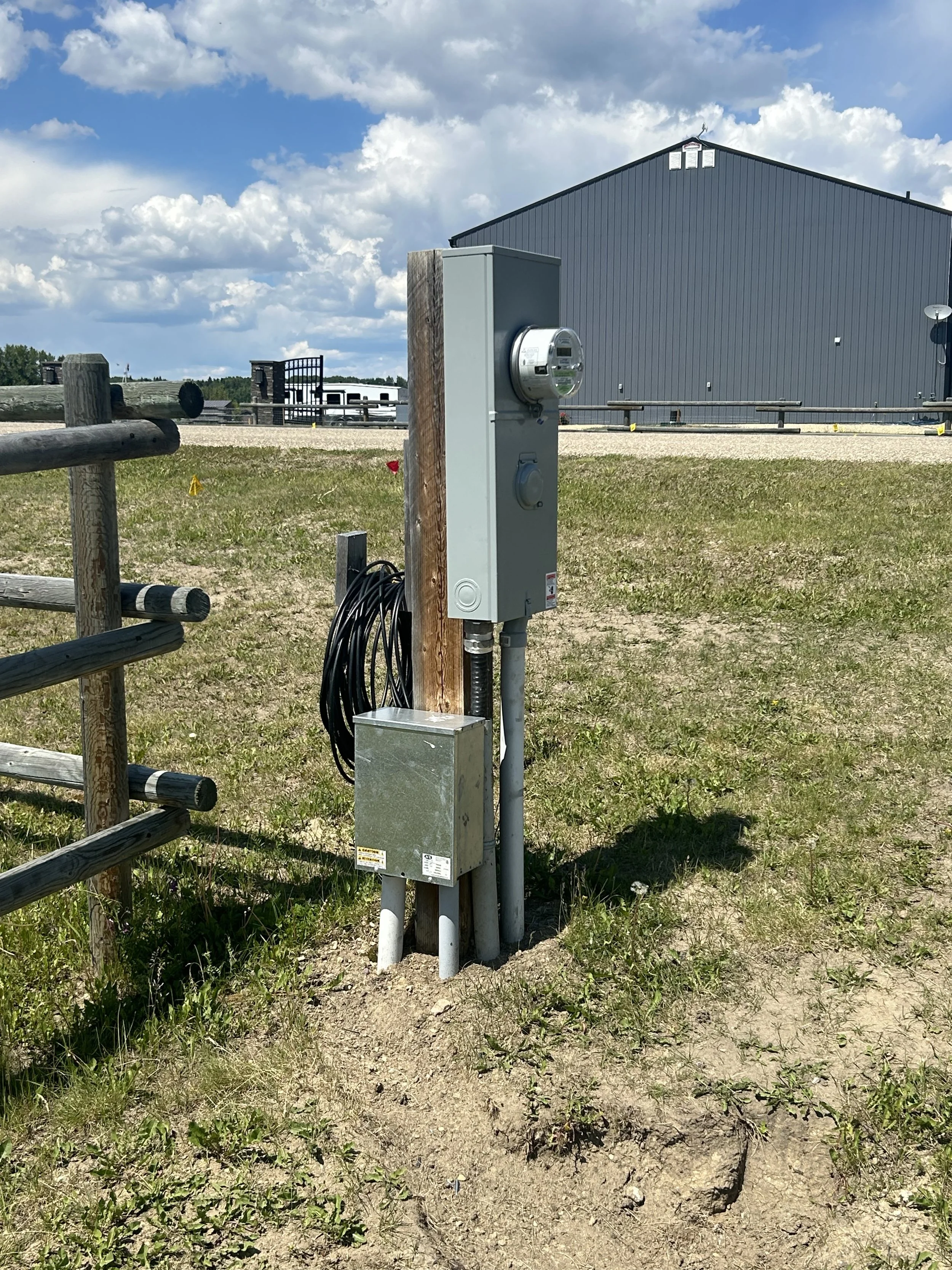 Electrical utility box and meter attached to a wooden post outdoors, with a green field and grey building in the background under a partly cloudy sky.