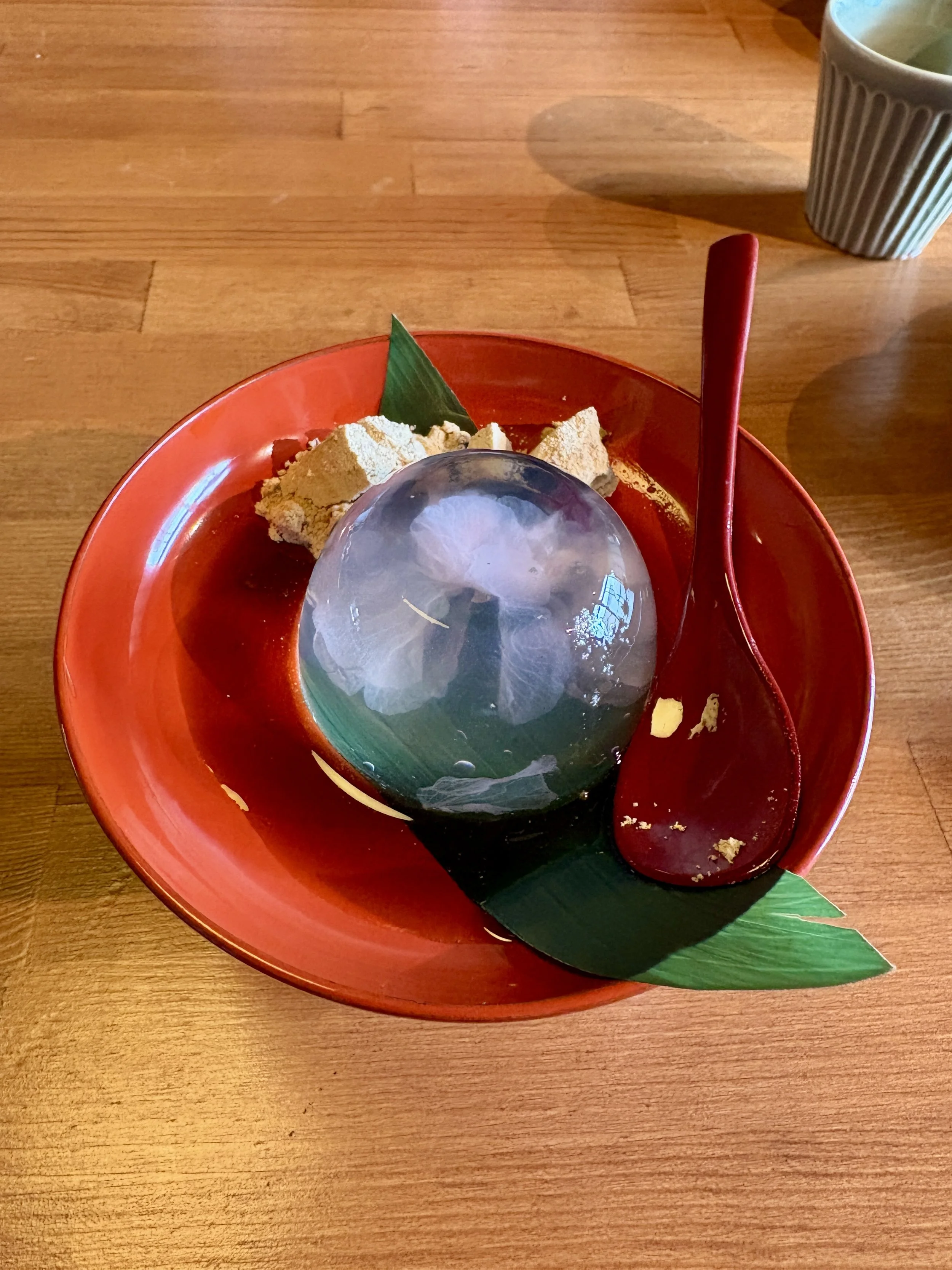 Translucent Japanese raindrop cake dessert served on a red plate during a KonMari home organizer consultant retreat in Japan.