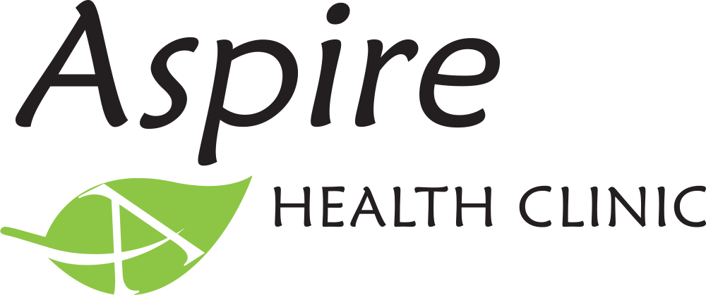 Logo of Aspire Health Clinic with black text and a green leaf with abstract design.