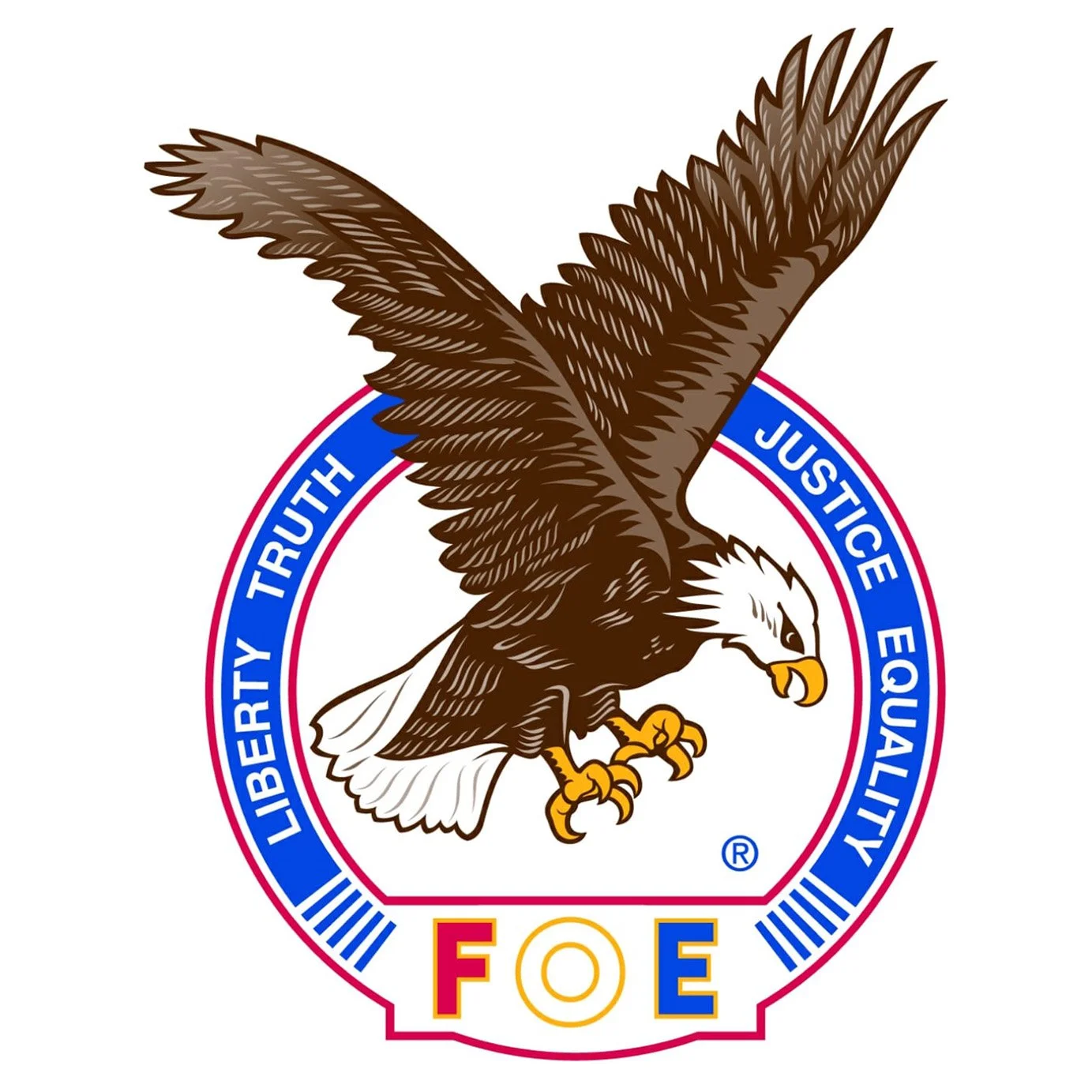 Eagle with outstretched wings inside a circular emblem with blue and red border, featuring words "LIBERTY," "TRUTH," "JUSTICE," "EQUALITY" and the letters "FOE" at the bottom.