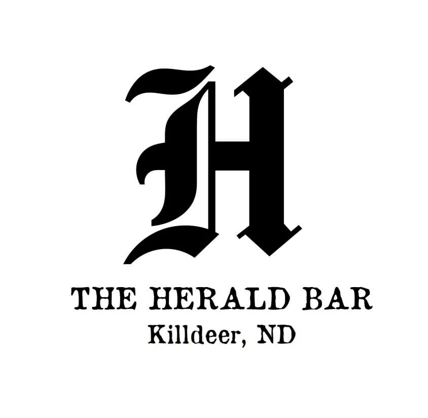 Black gothic-style letter 'H' with text underneath that reads 'The Herald Bar Killdeer, ND' on a white background.